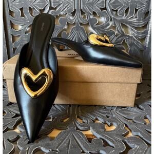 Maeve Anthropologie Black Leather Gold Heart Pointed Toe Mule Kitten Heels Sz 40